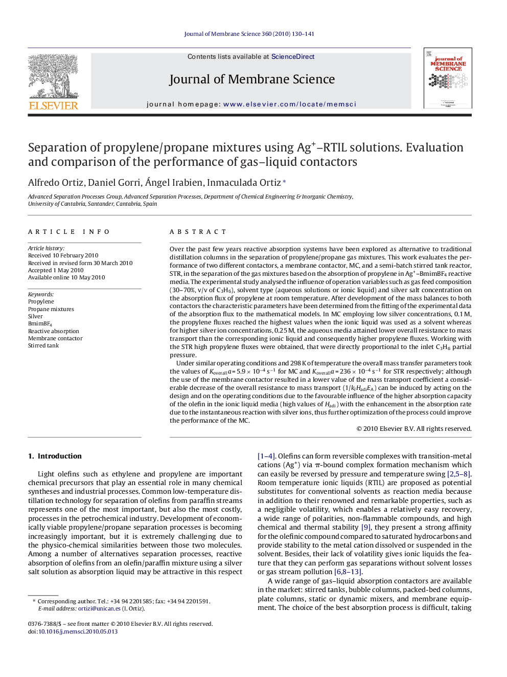 Separation of propylene/propane mixtures using Ag+–RTIL solutions. Evaluation and comparison of the performance of gas–liquid contactors