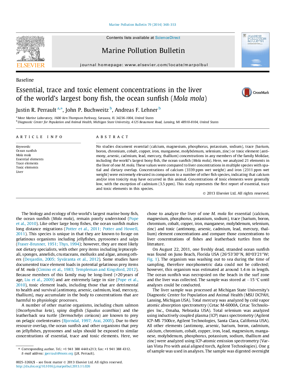 BaselineEssential, trace and toxic element concentrations in the liver of the world's largest bony fish, the ocean sunfish (Mola mola)