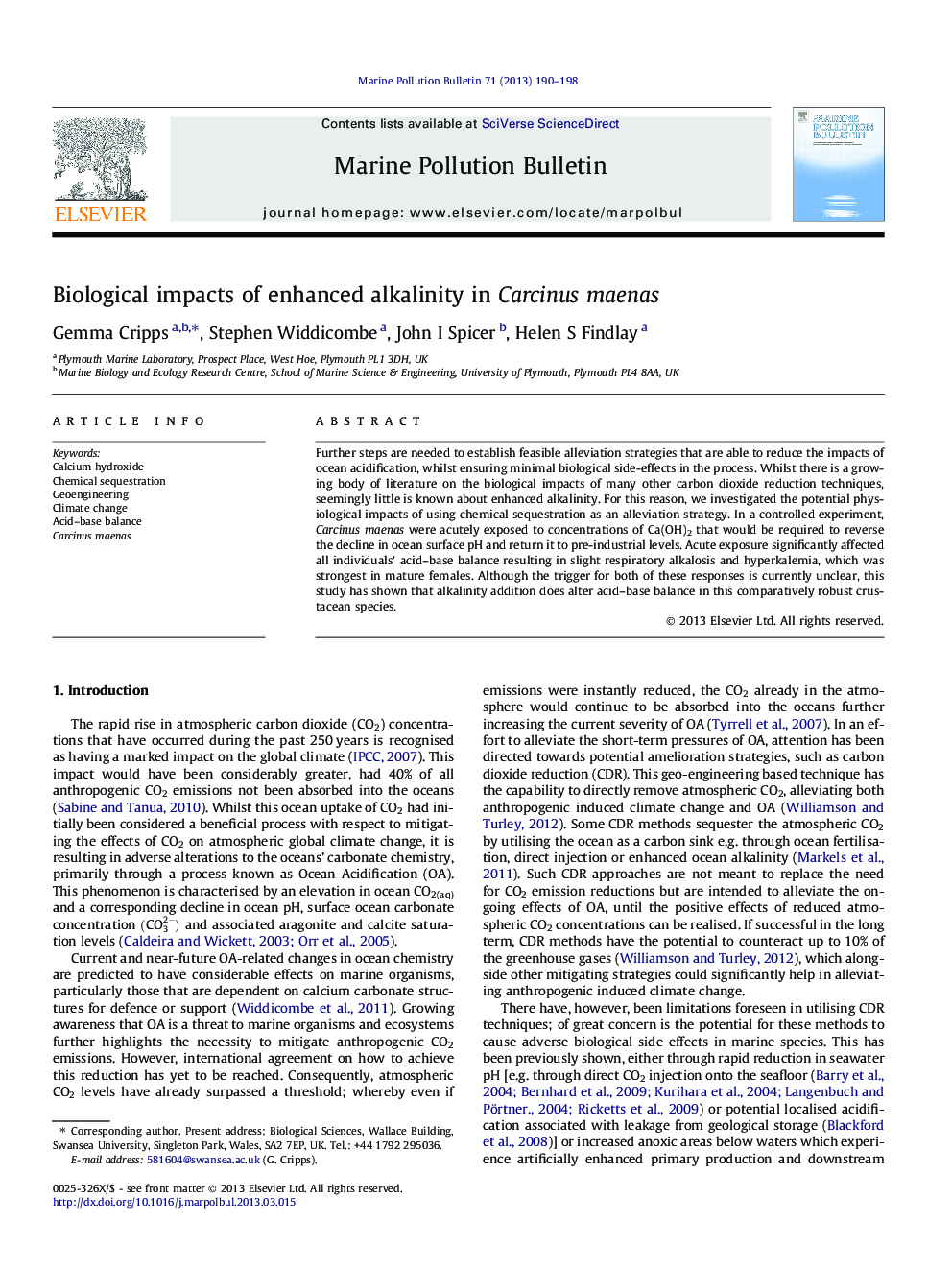 Biological impacts of enhanced alkalinity in Carcinus maenas