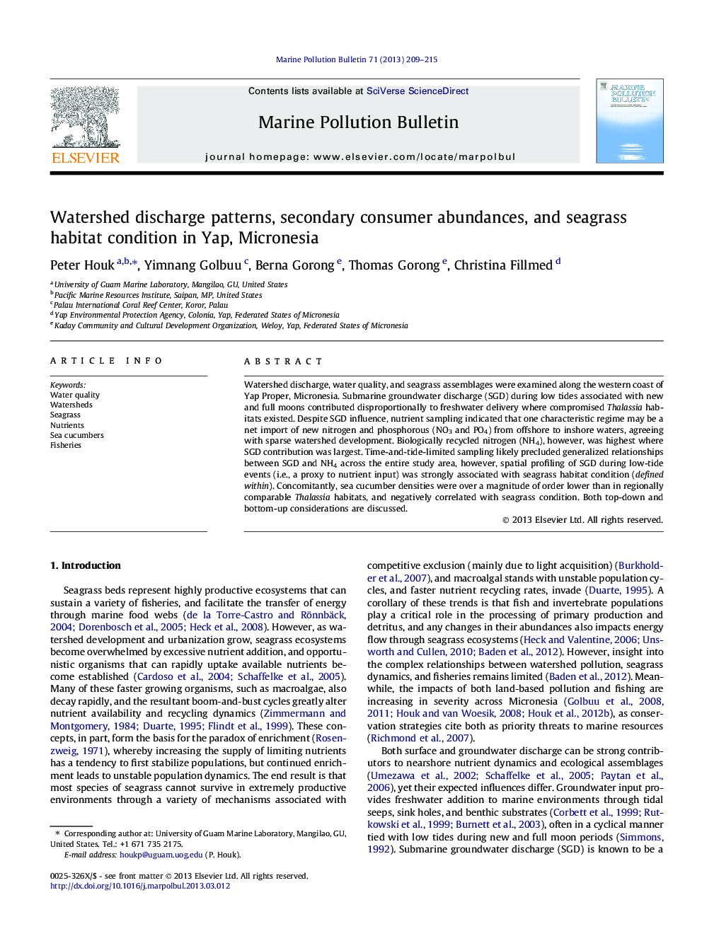 Watershed discharge patterns, secondary consumer abundances, and seagrass habitat condition in Yap, Micronesia