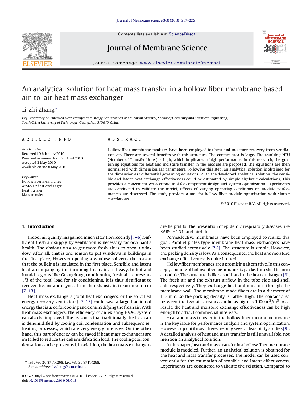 An analytical solution for heat mass transfer in a hollow fiber membrane based air-to-air heat mass exchanger