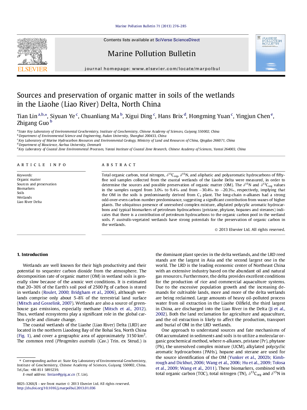 Sources and preservation of organic matter in soils of the wetlands in the Liaohe (Liao River) Delta, North China