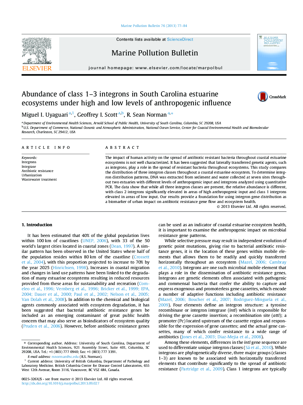 Abundance of class 1-3 integrons in South Carolina estuarine ecosystems under high and low levels of anthropogenic influence