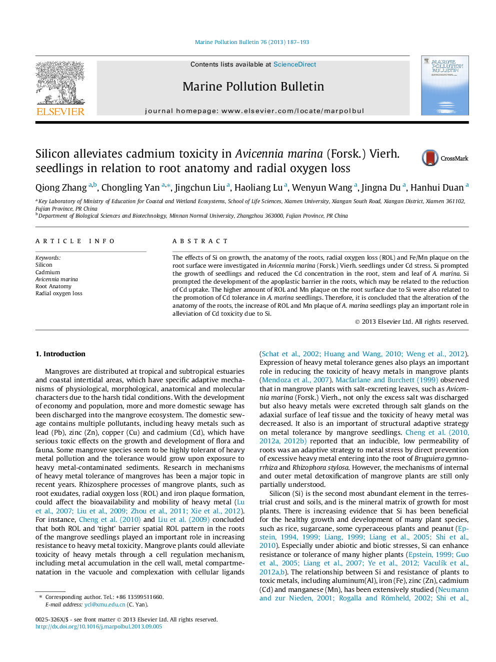 Silicon alleviates cadmium toxicity in Avicennia marina (Forsk.) Vierh. seedlings in relation to root anatomy and radial oxygen loss