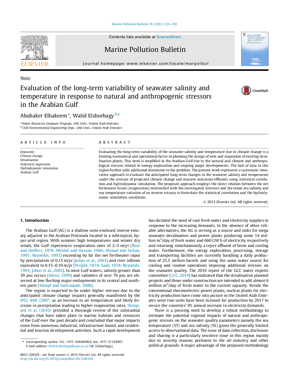 NoteEvaluation of the long-term variability of seawater salinity and temperature in response to natural and anthropogenic stressors in the Arabian Gulf