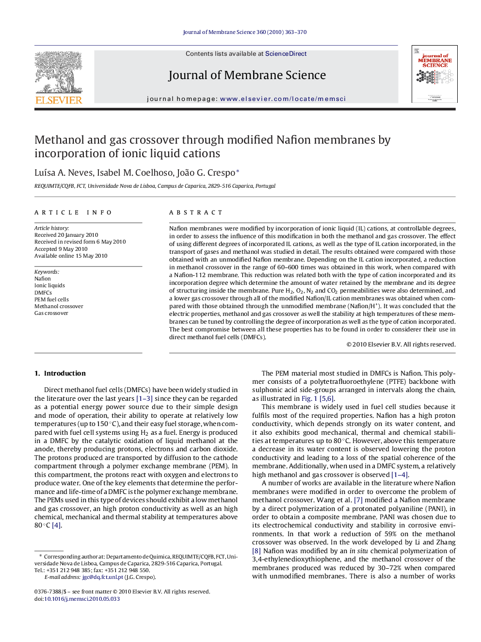 Methanol and gas crossover through modified Nafion membranes by incorporation of ionic liquid cations