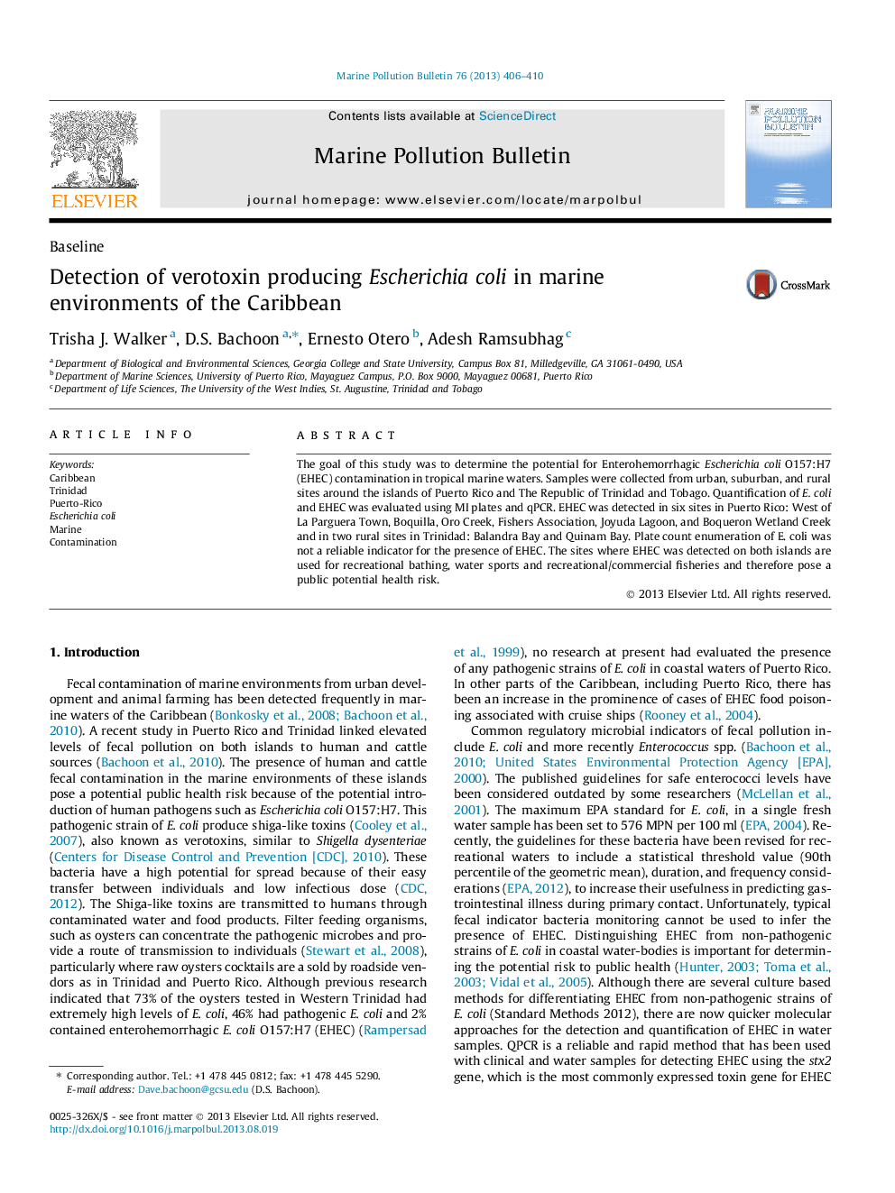 عکس صفحه اول مقاله: Detection of verotoxin producing Escherichia coli in marine environments of the Caribbean Detection of verotoxin producing Escherichia coli in marine environments of the Caribbean