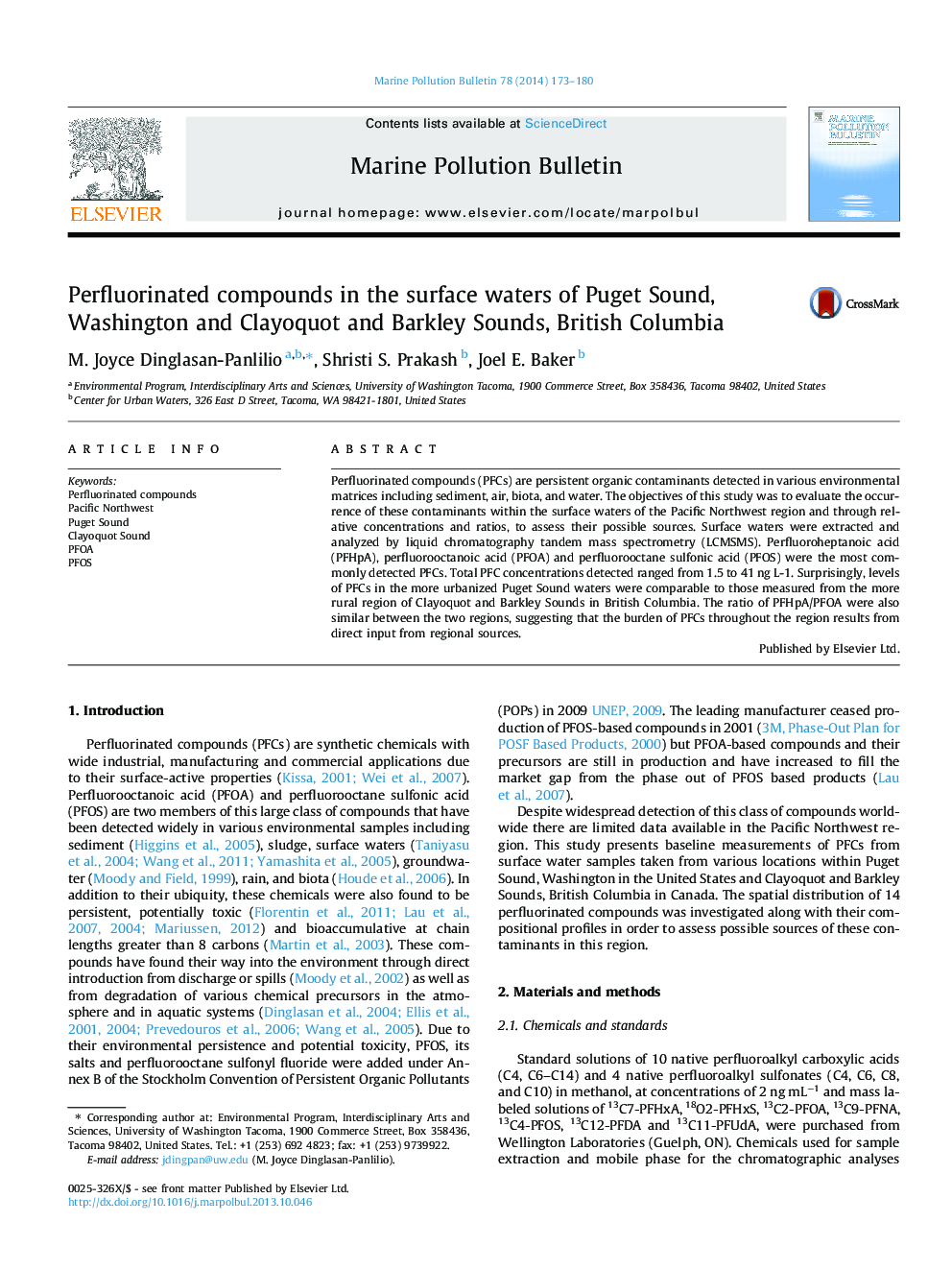 Perfluorinated compounds in the surface waters of Puget Sound, Washington and Clayoquot and Barkley Sounds, British Columbia