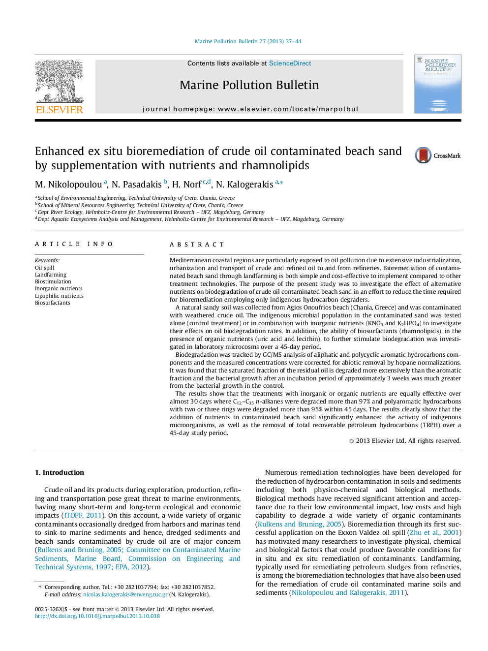 Enhanced ex situ bioremediation of crude oil contaminated beach sand by supplementation with nutrients and rhamnolipids