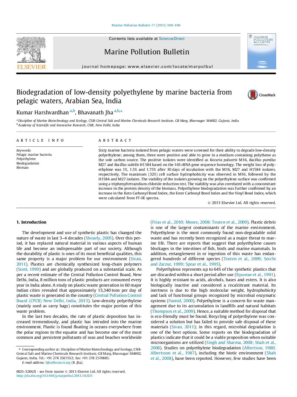 Biodegradation of low-density polyethylene by marine bacteria from pelagic waters, Arabian Sea, India