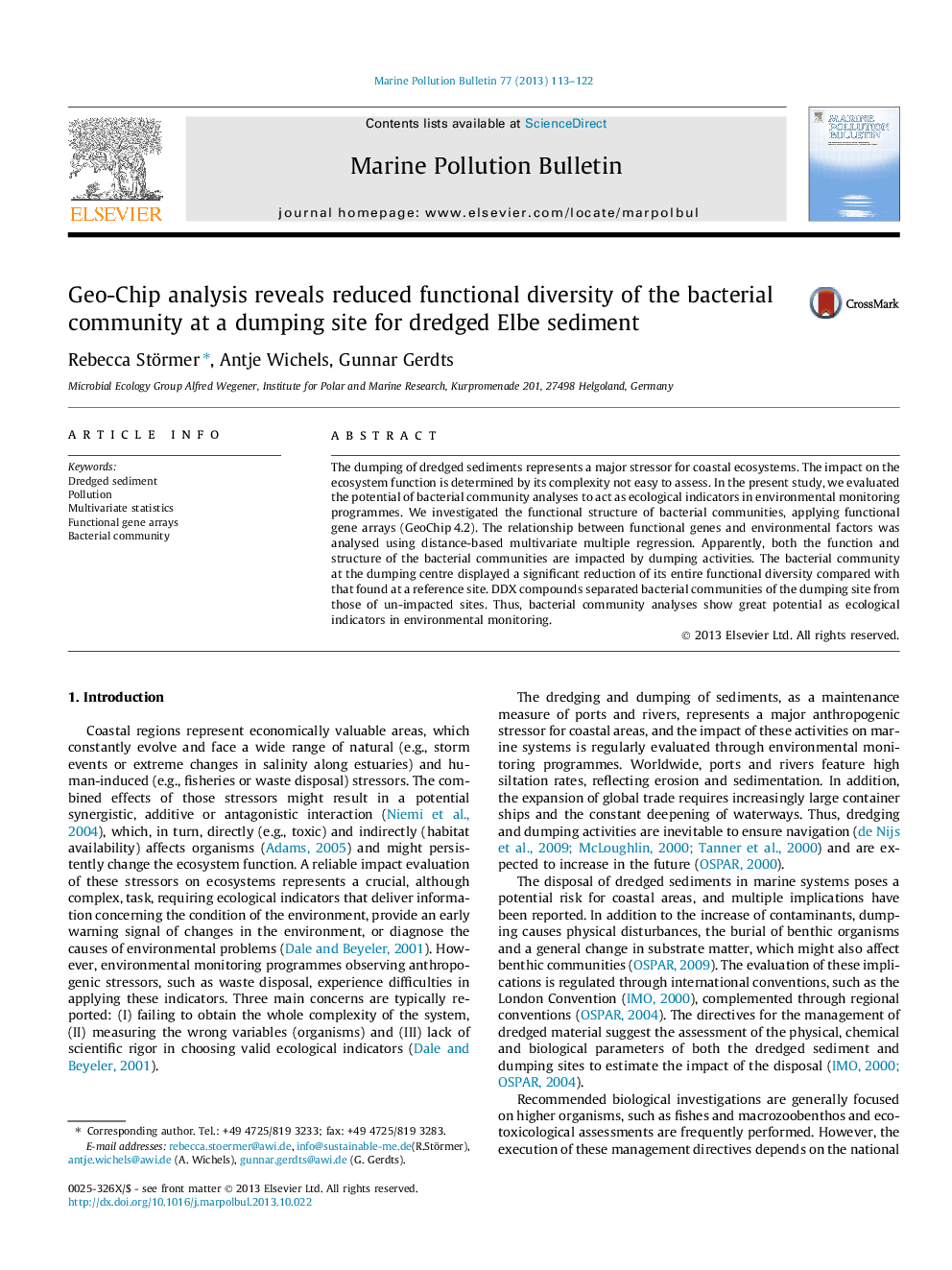 Geo-Chip analysis reveals reduced functional diversity of the bacterial community at a dumping site for dredged Elbe sediment