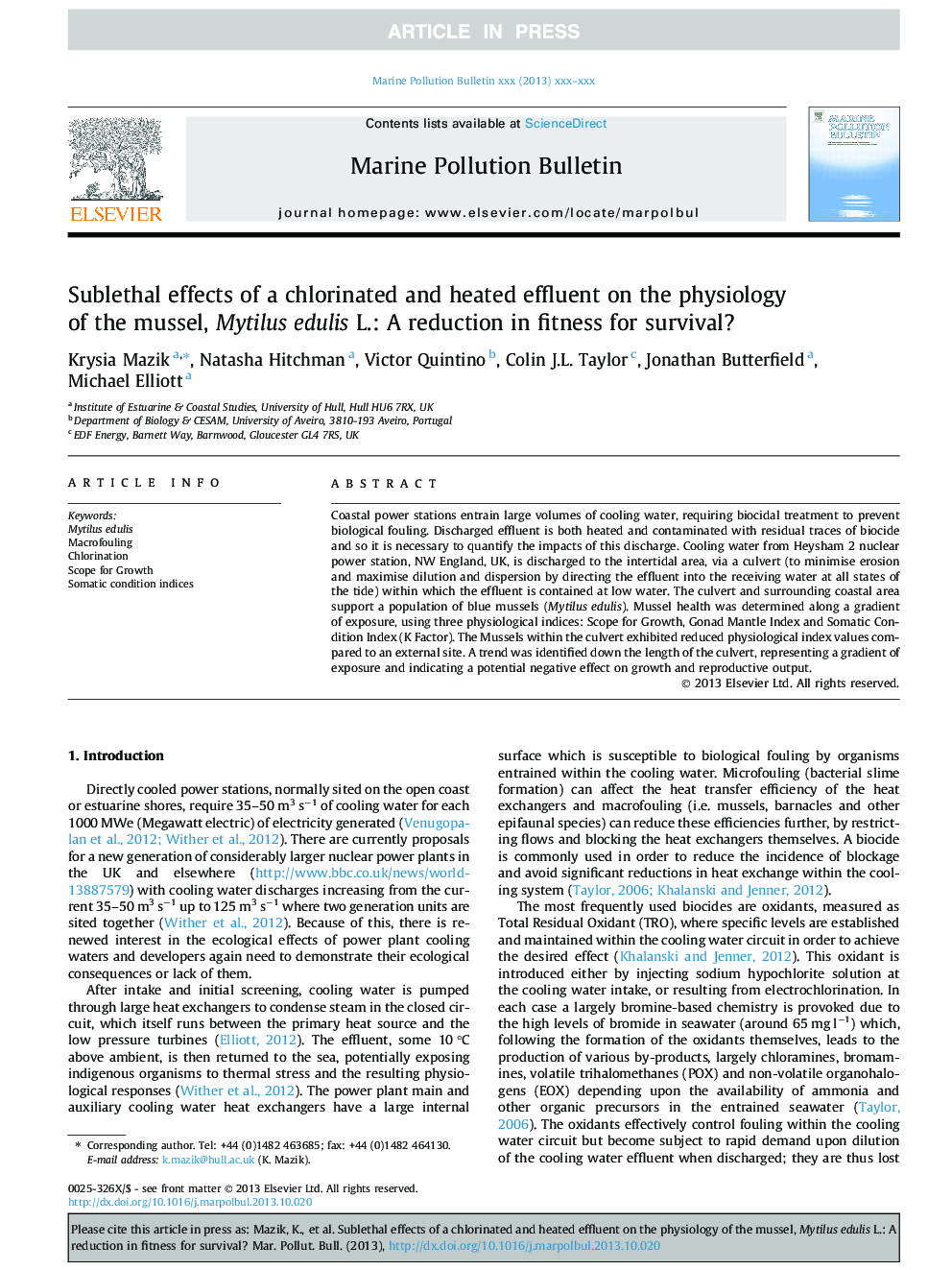 Sublethal effects of a chlorinated and heated effluent on the physiology of the mussel, Mytilus edulis L.: A reduction in fitness for survival?