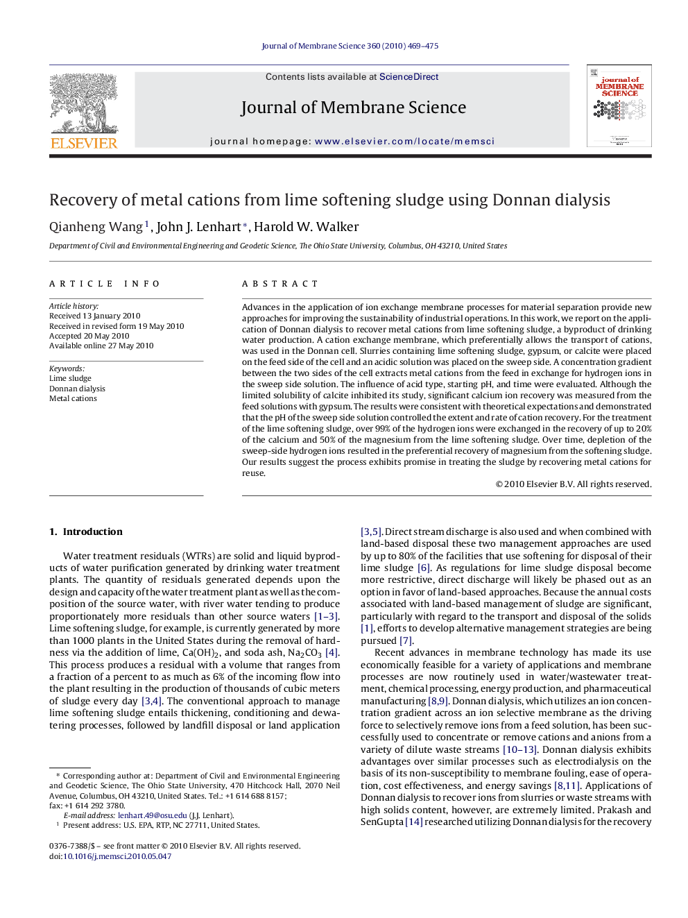 Recovery of metal cations from lime softening sludge using Donnan dialysis