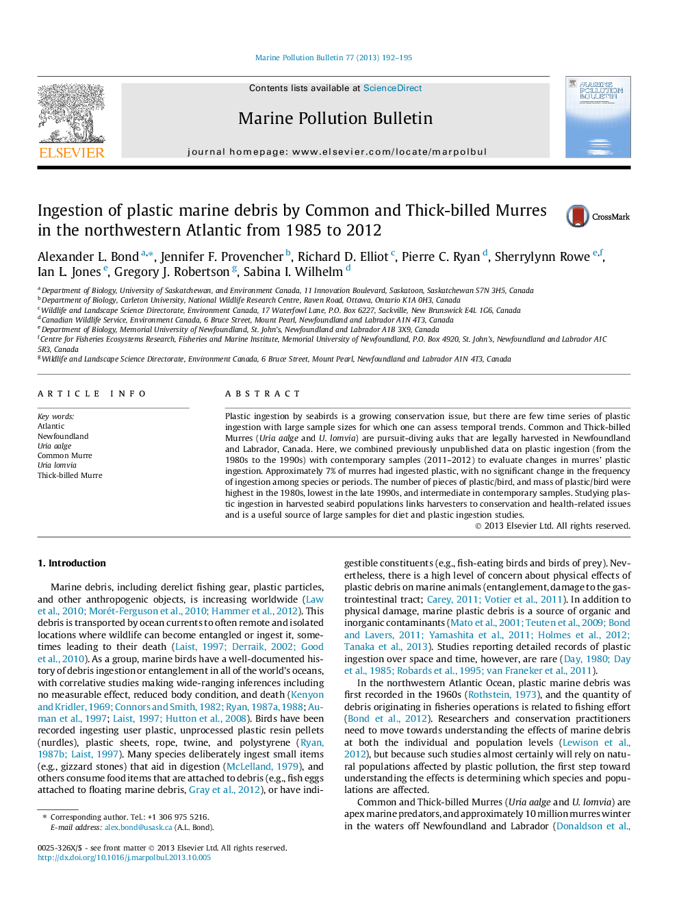 Ingestion of plastic marine debris by Common and Thick-billed Murres in the northwestern Atlantic from 1985 to 2012