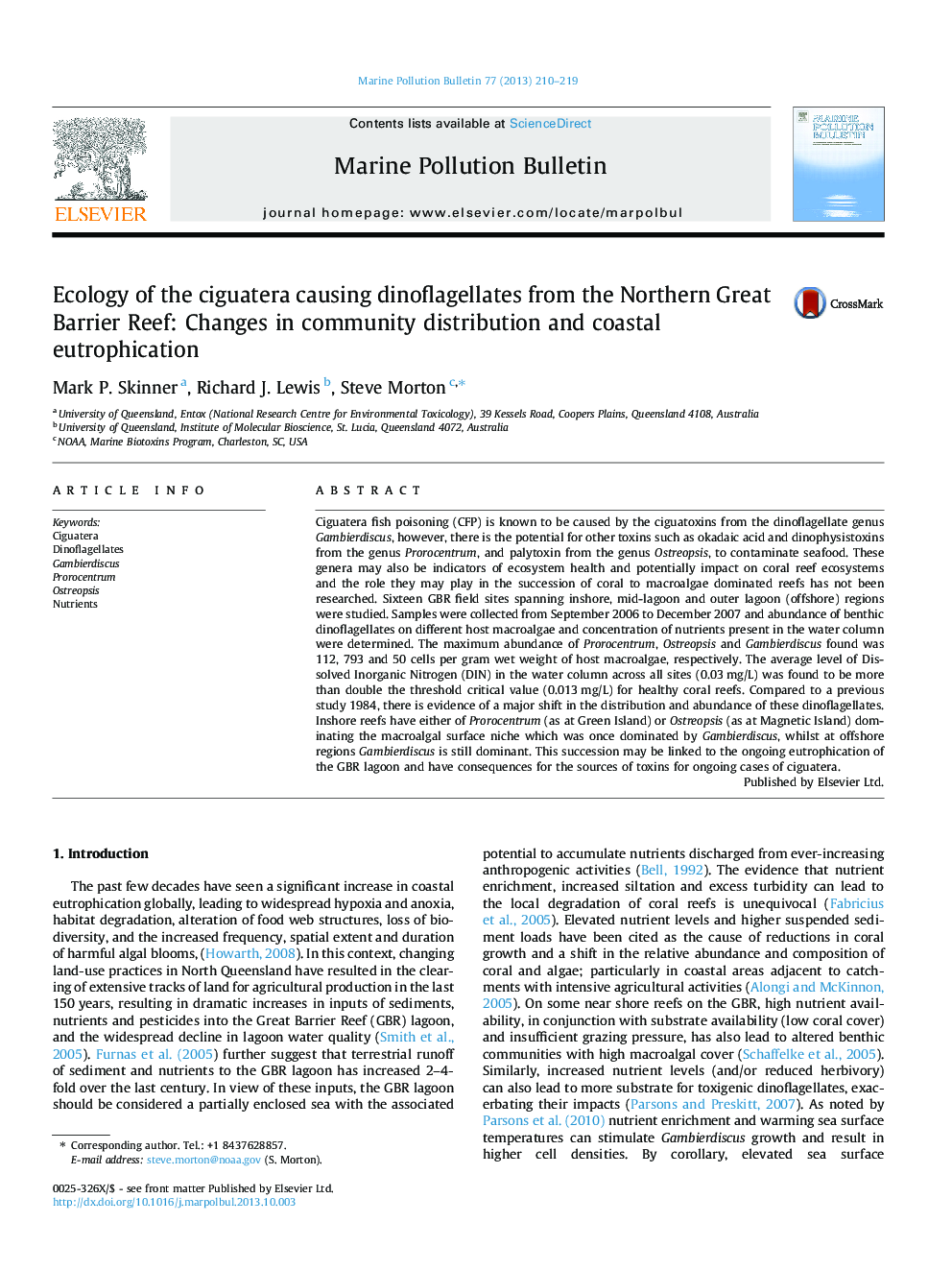 Ecology of the ciguatera causing dinoflagellates from the Northern Great Barrier Reef: Changes in community distribution and coastal eutrophication