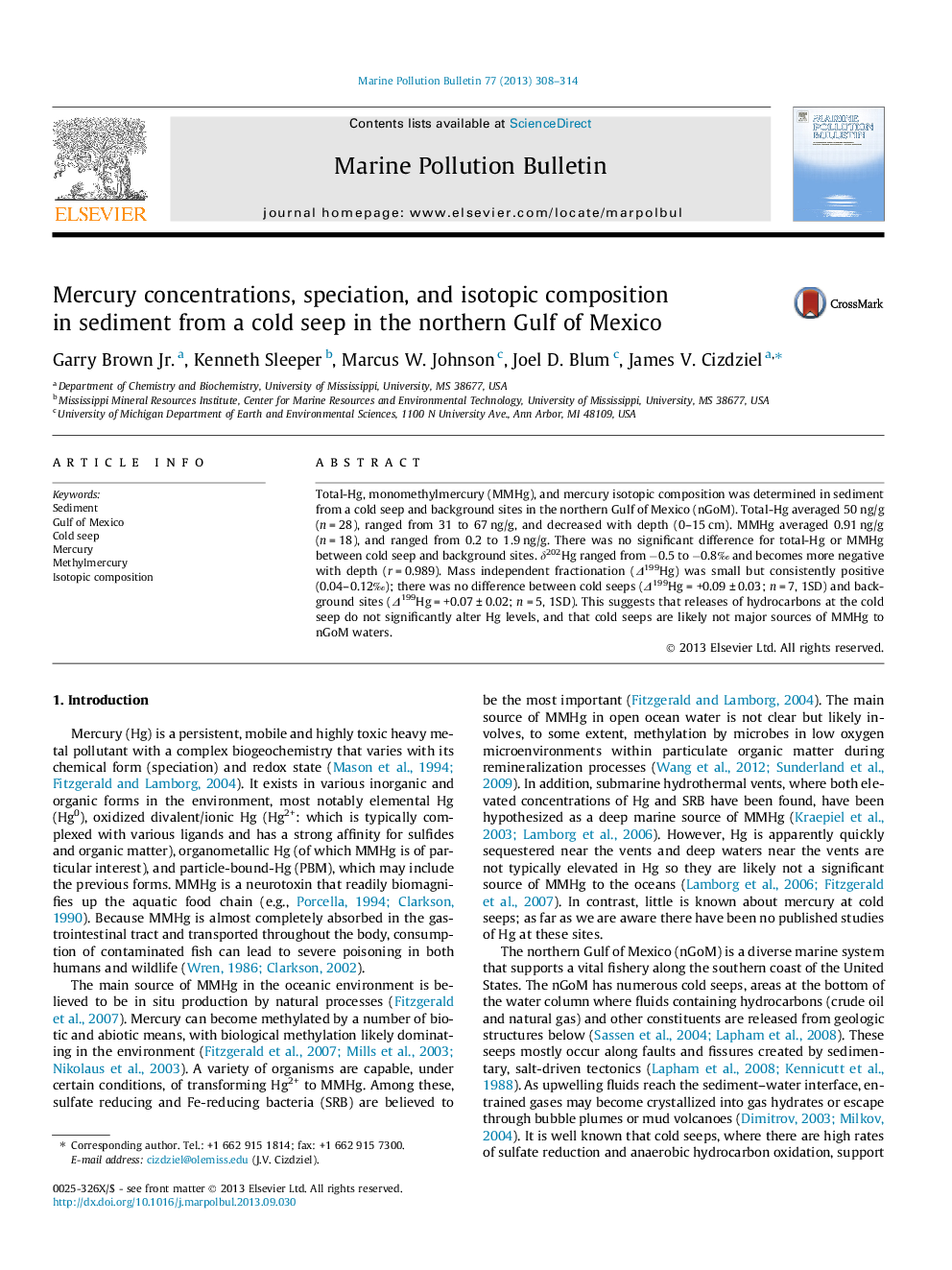 Mercury concentrations, speciation, and isotopic composition in sediment from a cold seep in the northern Gulf of Mexico