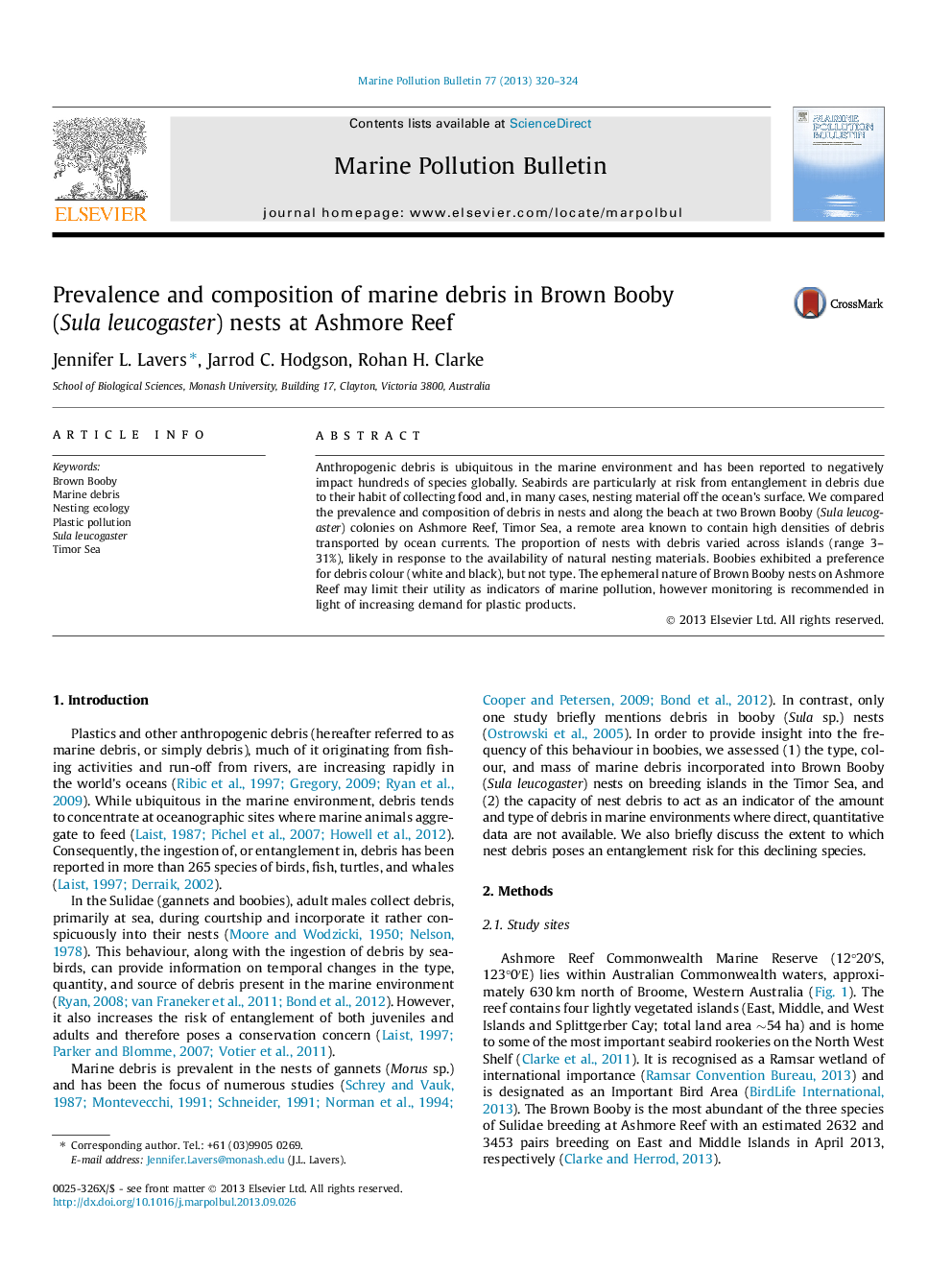 Prevalence and composition of marine debris in Brown Booby (Sula leucogaster) nests at Ashmore Reef