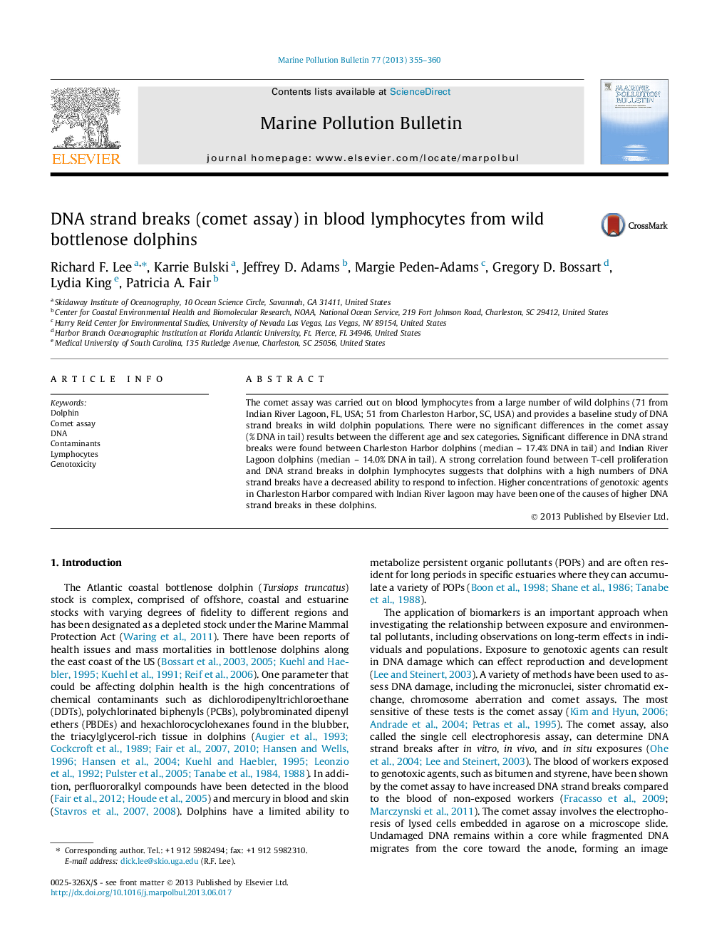 DNA strand breaks (comet assay) in blood lymphocytes from wild bottlenose dolphins