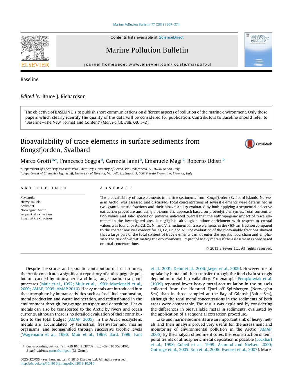 Bioavailability of trace elements in surface sediments from Kongsfjorden, Svalbard