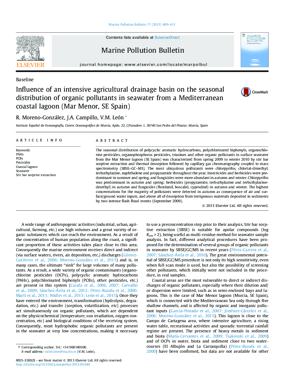 Influence of an intensive agricultural drainage basin on the seasonal distribution of organic pollutants in seawater from a Mediterranean coastal lagoon (Mar Menor, SE Spain)