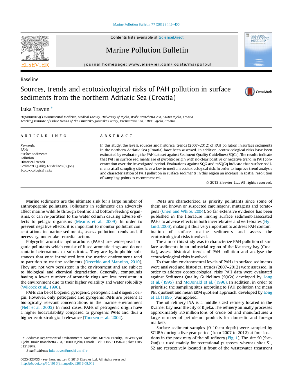 BaselineSources, trends and ecotoxicological risks of PAH pollution in surface sediments from the northern Adriatic Sea (Croatia)