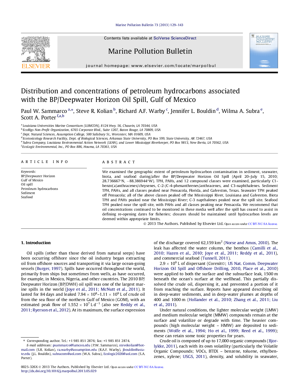 عکس صفحه اول مقاله: Distribution and concentrations of petroleum hydrocarbons associated with the BP/Deepwater Horizon Oil Spill, Gulf of Mexico Distribution and concentrations of petroleum hydrocarbons associated with the BP/Deepwater Horizon Oil Spill, Gulf of Mexico