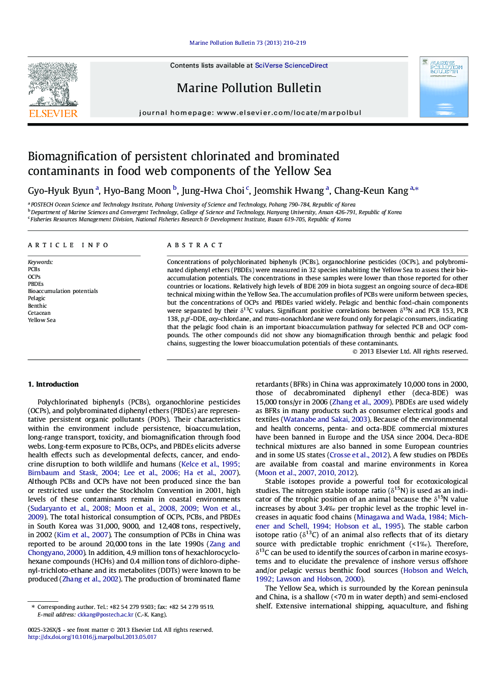 Biomagnification of persistent chlorinated and brominated contaminants in food web components of the Yellow Sea