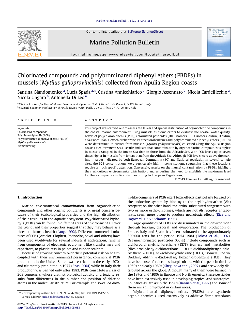 Chlorinated compounds and polybrominated diphenyl ethers (PBDEs) in mussels (Mytilus galloprovincialis) collected from Apulia Region coasts