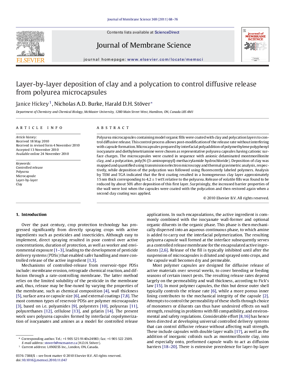 Layer-by-layer deposition of clay and a polycation to control diffusive release from polyurea microcapsules