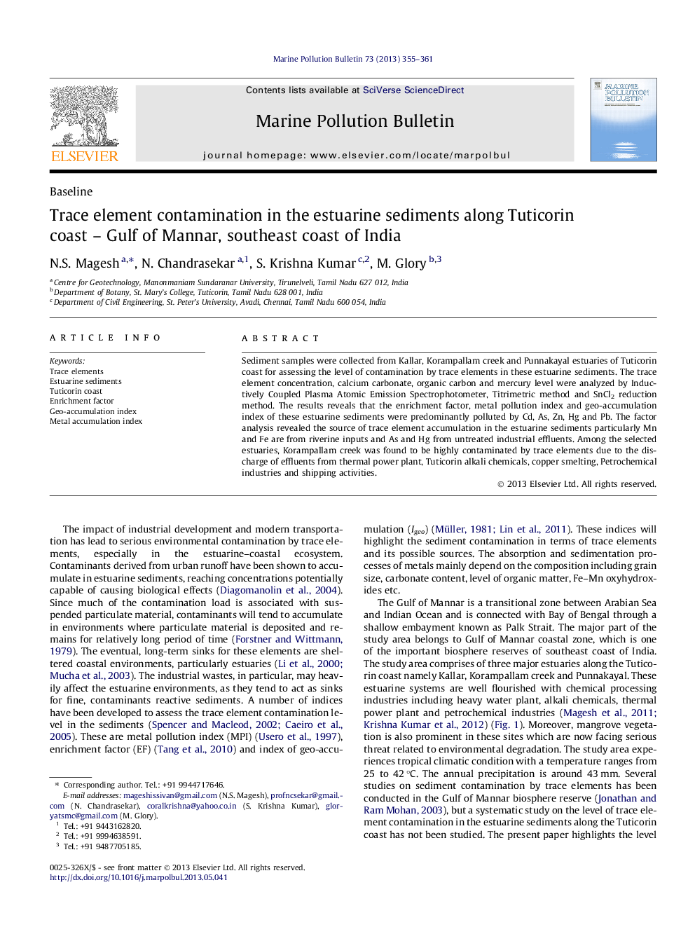 BaselineTrace element contamination in the estuarine sediments along Tuticorin coast - Gulf of Mannar, southeast coast of India