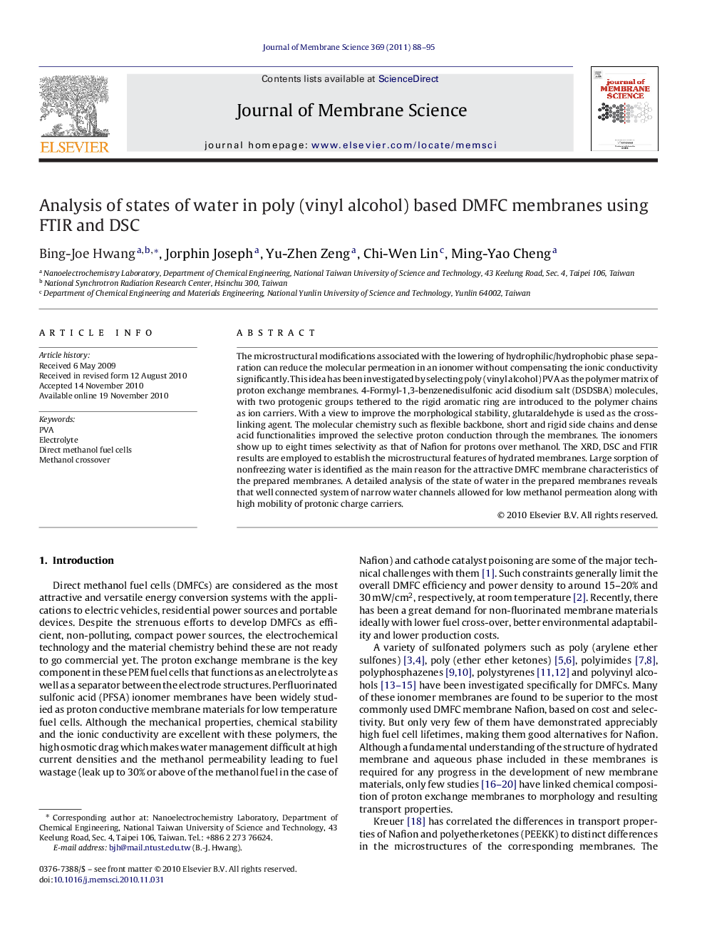 Analysis of states of water in poly (vinyl alcohol) based DMFC membranes using FTIR and DSC