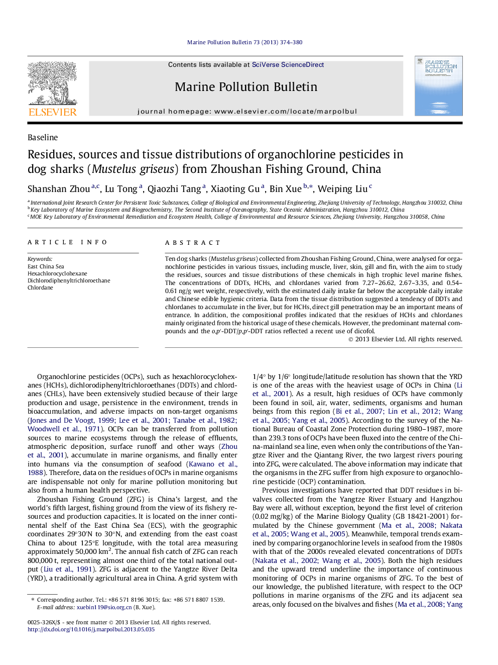 عکس صفحه اول مقاله: BaselineResidues, sources and tissue distributions of organochlorine pesticides in dog sharks (Mustelus griseus) from Zhoushan Fishing Ground, China BaselineResidues, sources and tissue distributions of organochlorine pesticides in dog sharks (Mustelus griseus) from Zhoushan Fishing Ground, China