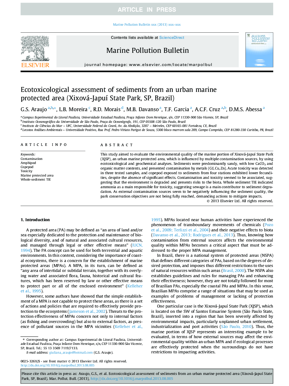 Ecotoxicological assessment of sediments from an urban marine protected area (Xixová-JapuÃ­ State Park, SP, Brazil)