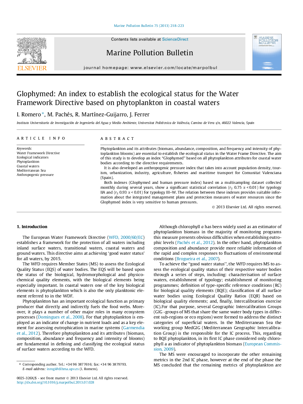 Glophymed: An index to establish the ecological status for the Water Framework Directive based on phytoplankton in coastal waters