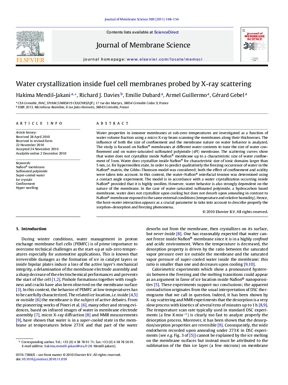 Water crystallization inside fuel cell membranes probed by X-ray scattering