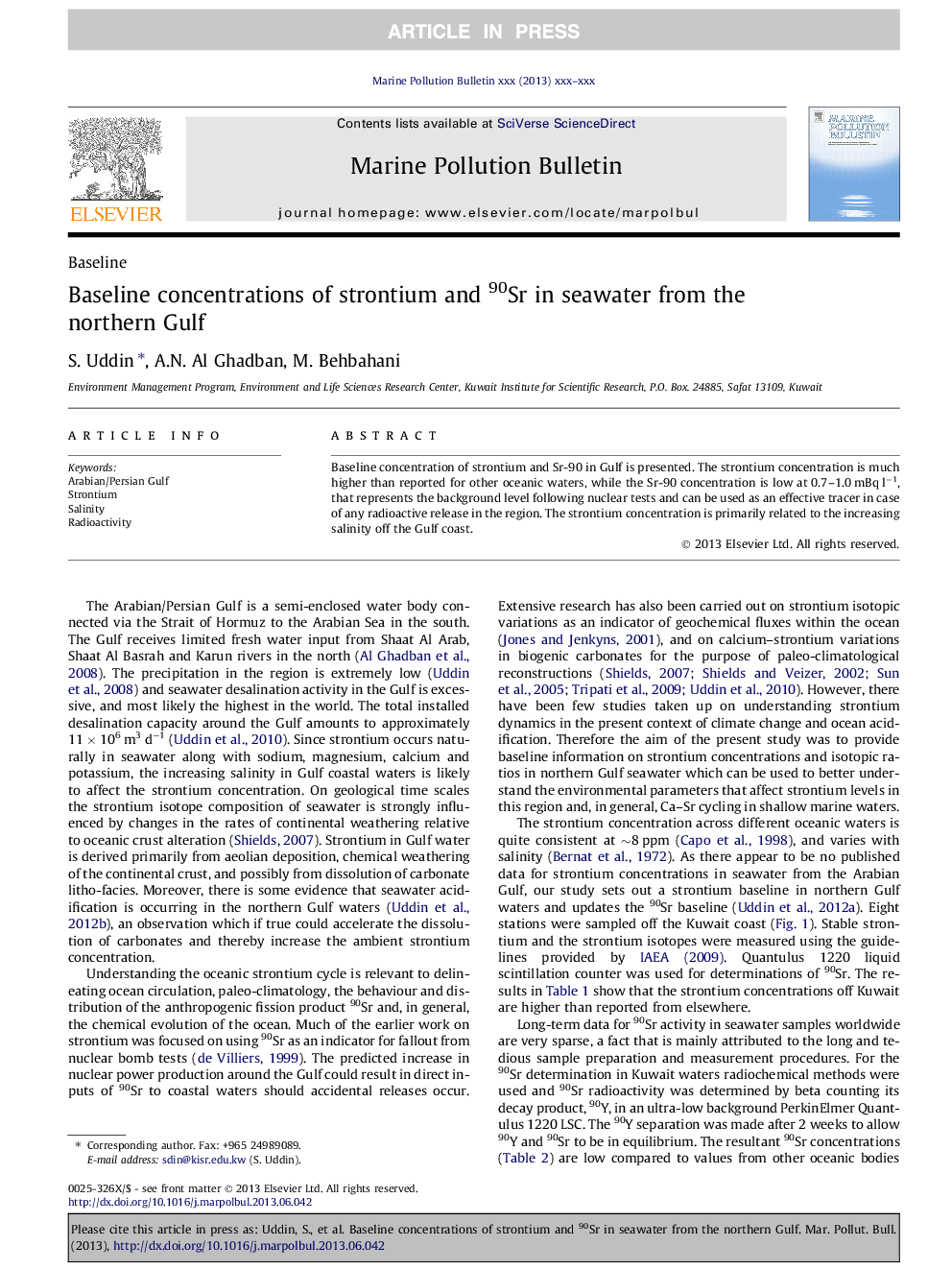 Baseline concentrations of strontium and 90Sr in seawater from the northern Gulf