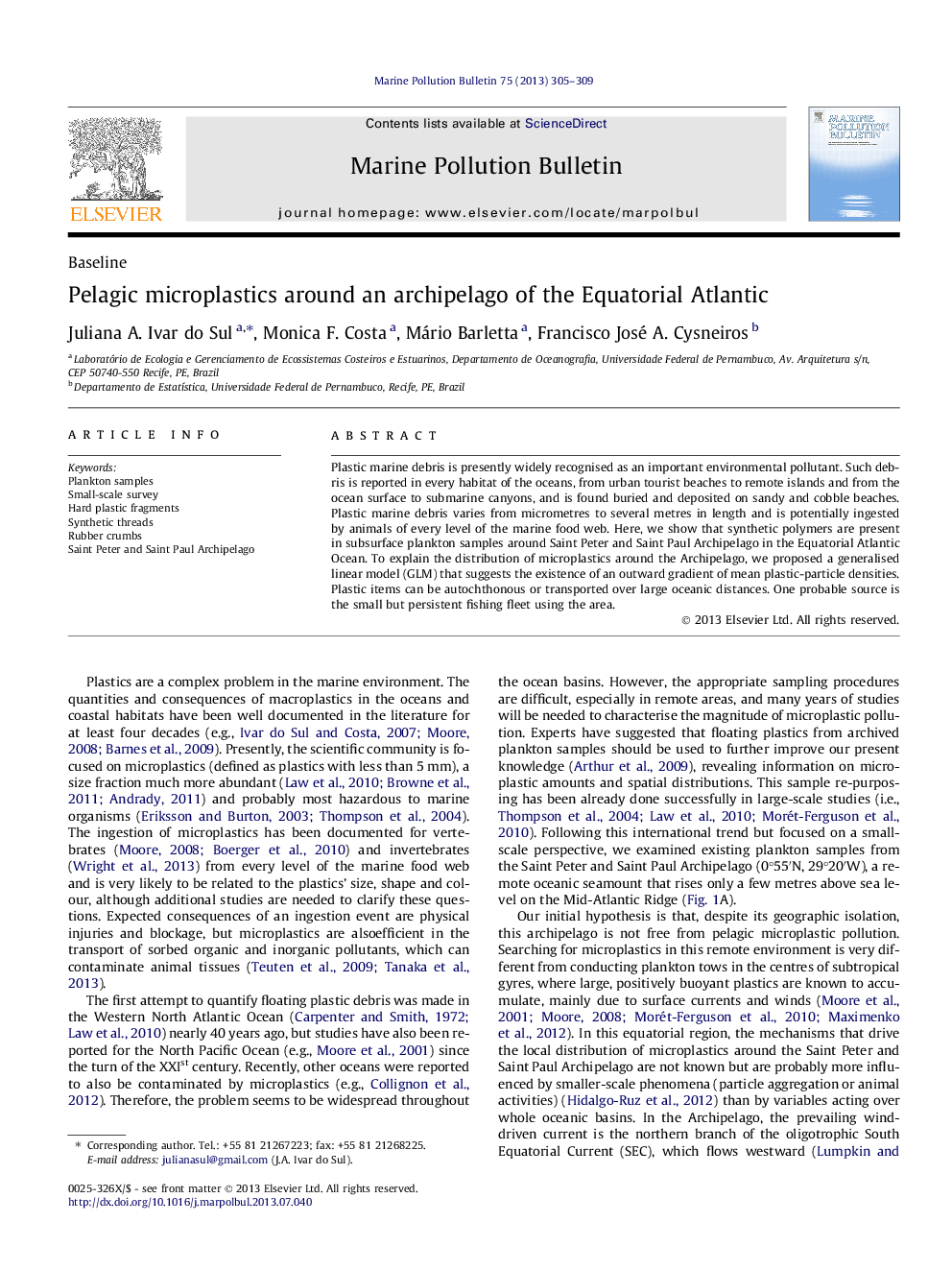 عکس صفحه اول مقاله: Pelagic microplastics around an archipelago of the Equatorial Atlantic Pelagic microplastics around an archipelago of the Equatorial Atlantic