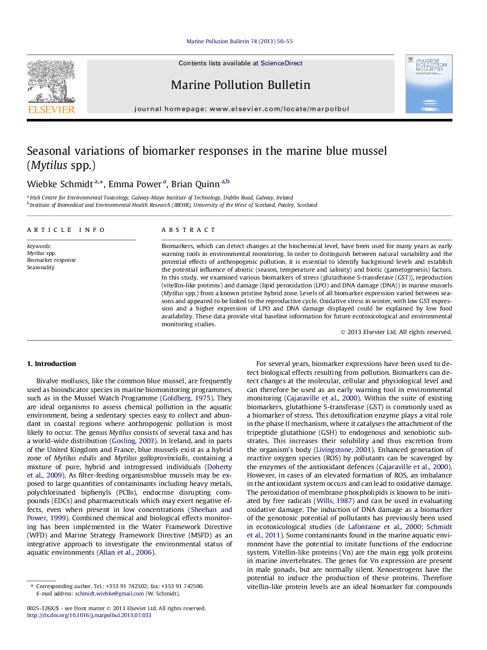 Seasonal variations of biomarker responses in the marine blue mussel (Mytilus spp.)