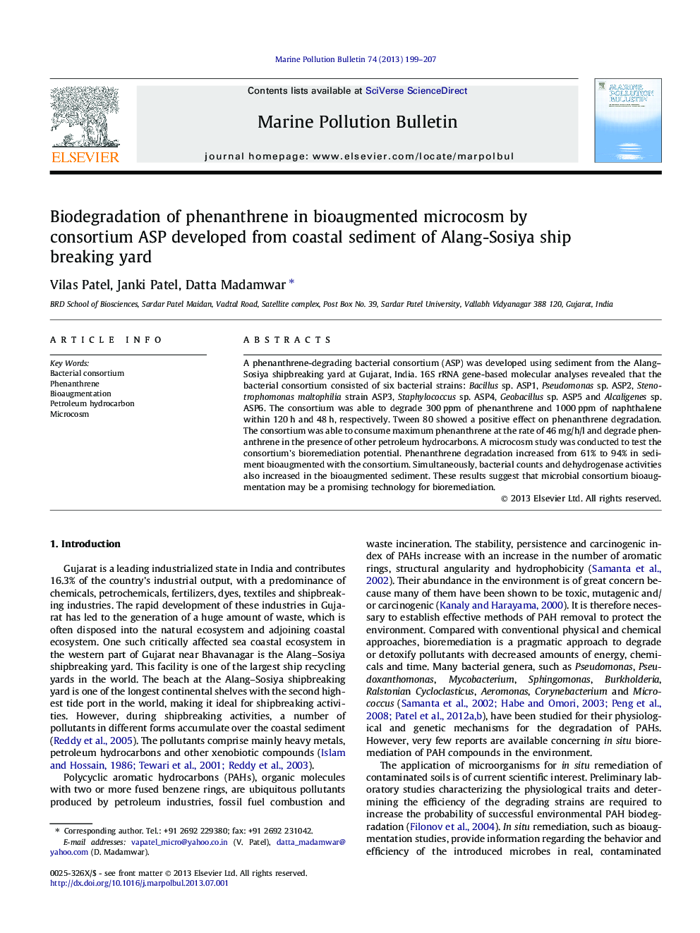 Biodegradation of phenanthrene in bioaugmented microcosm by consortium ASP developed from coastal sediment of Alang-Sosiya ship breaking yard