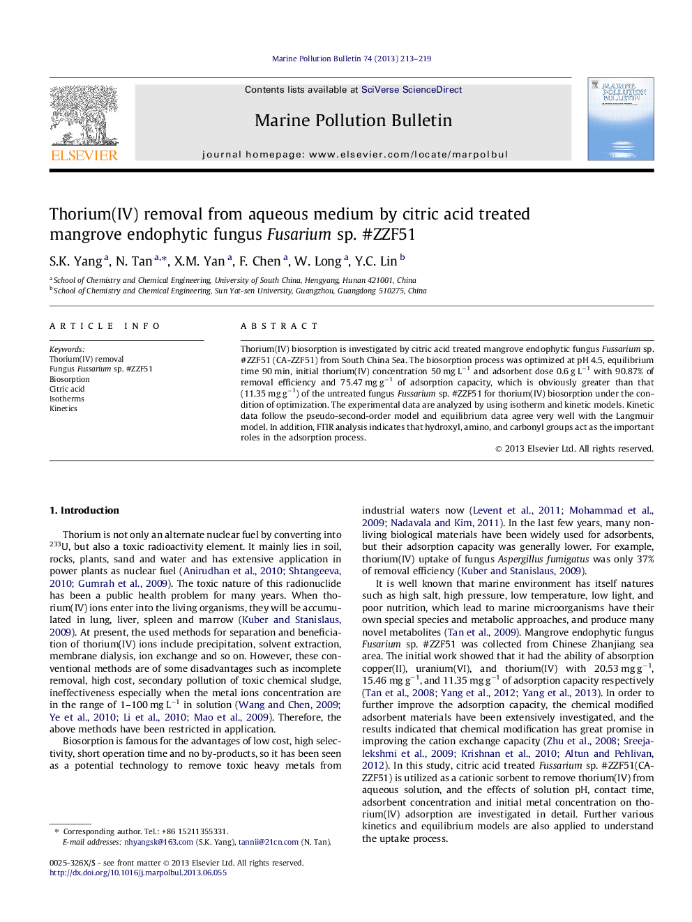 Thorium(IV) removal from aqueous medium by citric acid treated mangrove endophytic fungus Fusarium sp. #ZZF51