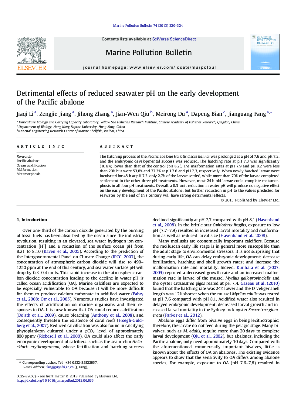 Detrimental effects of reduced seawater pH on the early development of the Pacific abalone