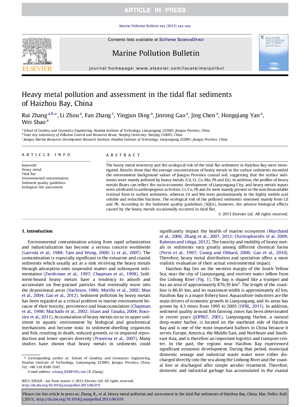 Heavy metal pollution and assessment in the tidal flat sediments of Haizhou Bay, China