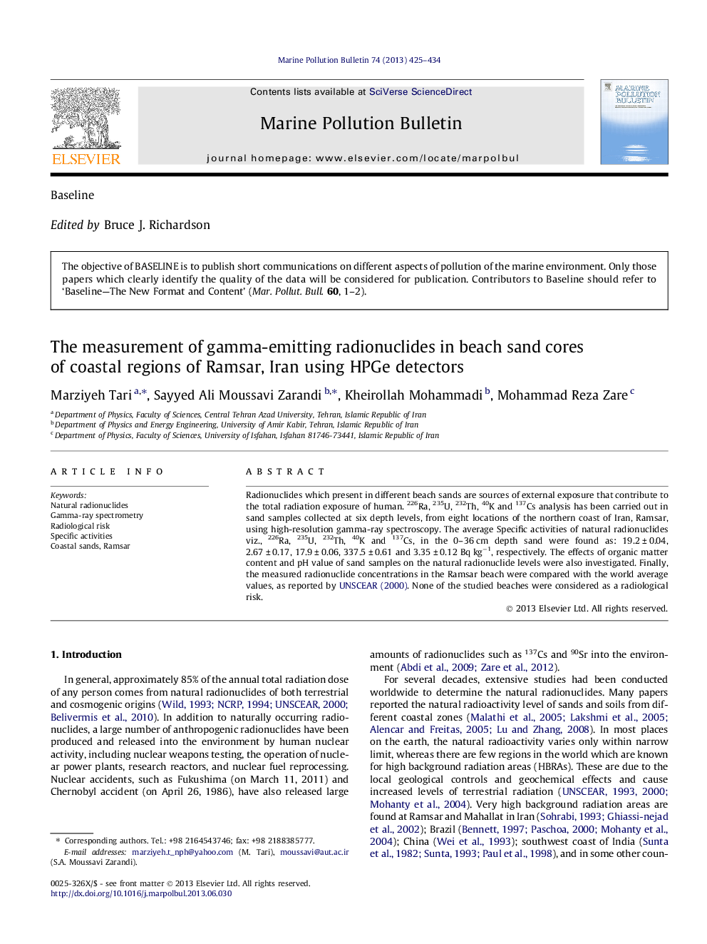 The measurement of gamma-emitting radionuclides in beach sand cores of coastal regions of Ramsar, Iran using HPGe detectors