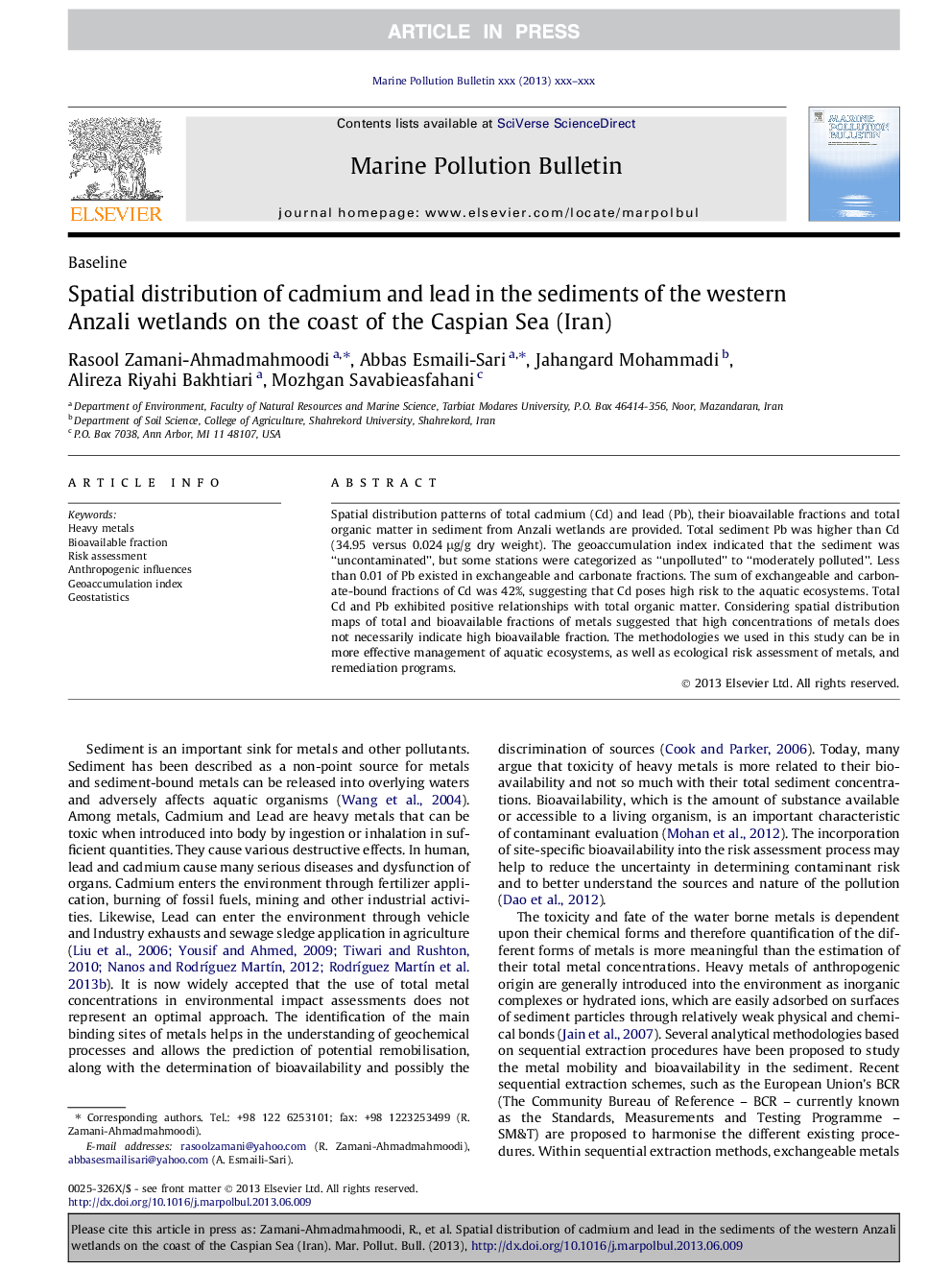 Spatial distribution of cadmium and lead in the sediments of the western Anzali wetlands on the coast of the Caspian Sea (Iran)