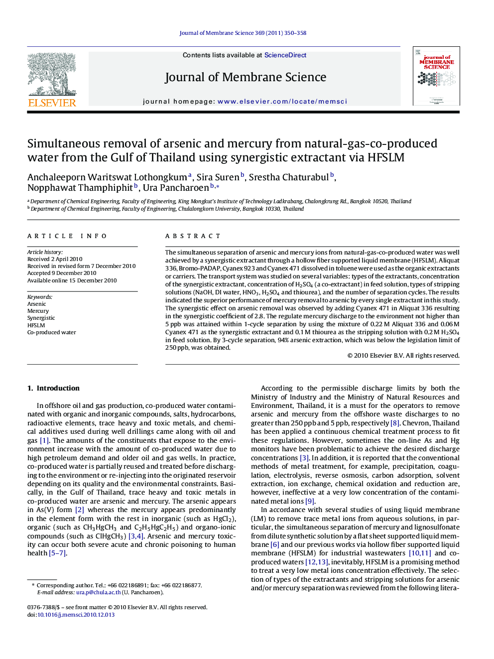 Simultaneous removal of arsenic and mercury from natural-gas-co-produced water from the Gulf of Thailand using synergistic extractant via HFSLM