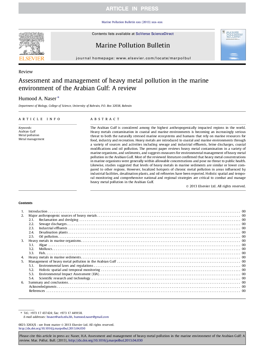 Assessment and management of heavy metal pollution in the marine environment of the Arabian Gulf: A review