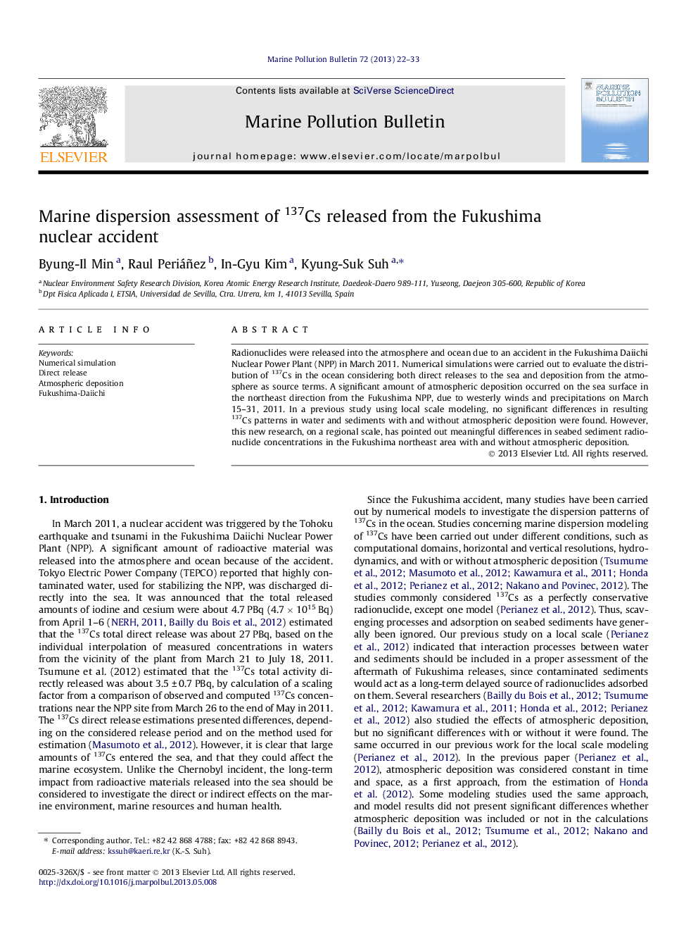 Marine dispersion assessment of 137Cs released from the Fukushima nuclear accident