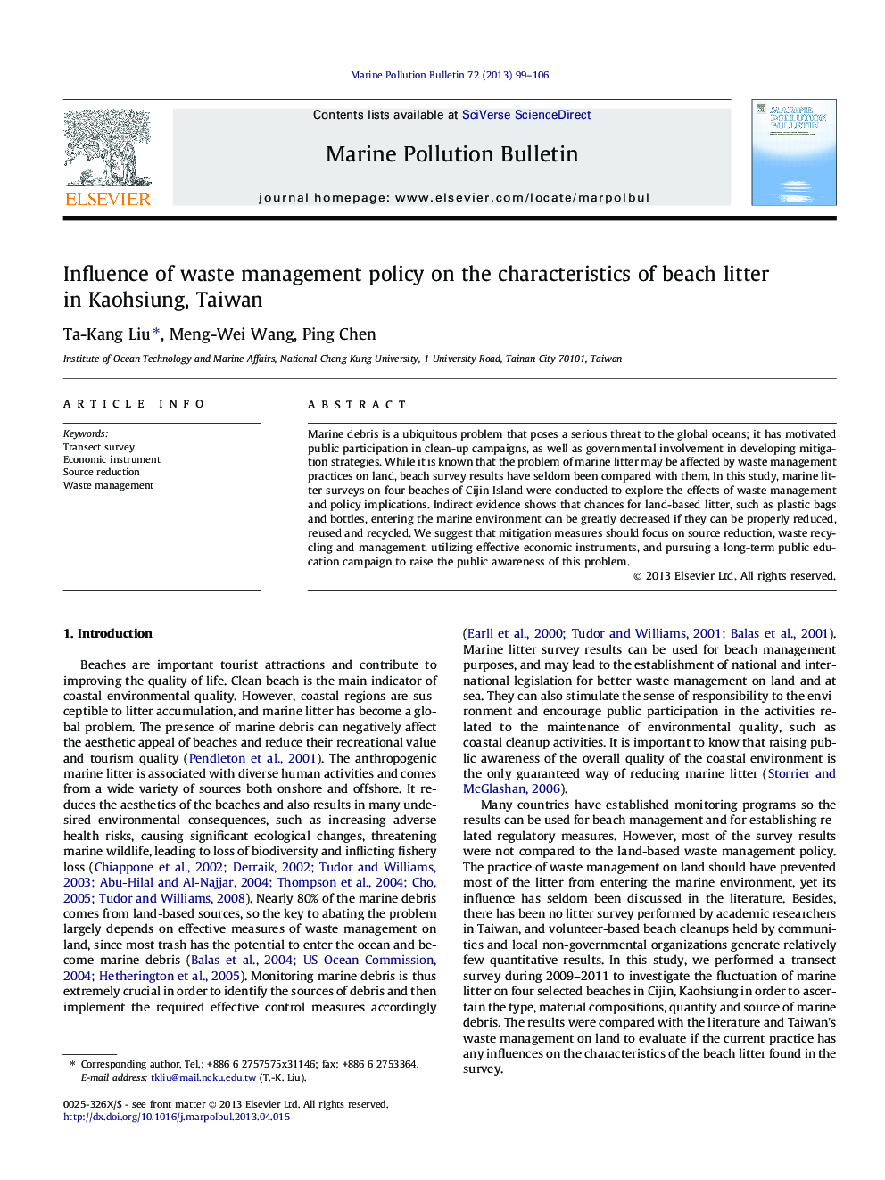 Influence of waste management policy on the characteristics of beach litter in Kaohsiung, Taiwan