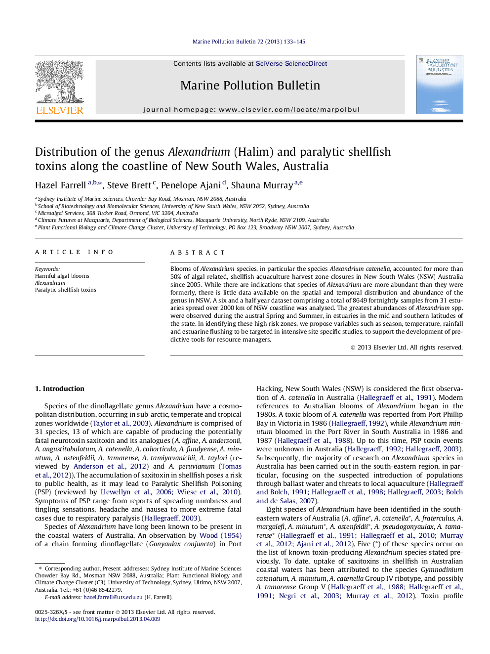 Distribution of the genus Alexandrium (Halim) and paralytic shellfish toxins along the coastline of New South Wales, Australia