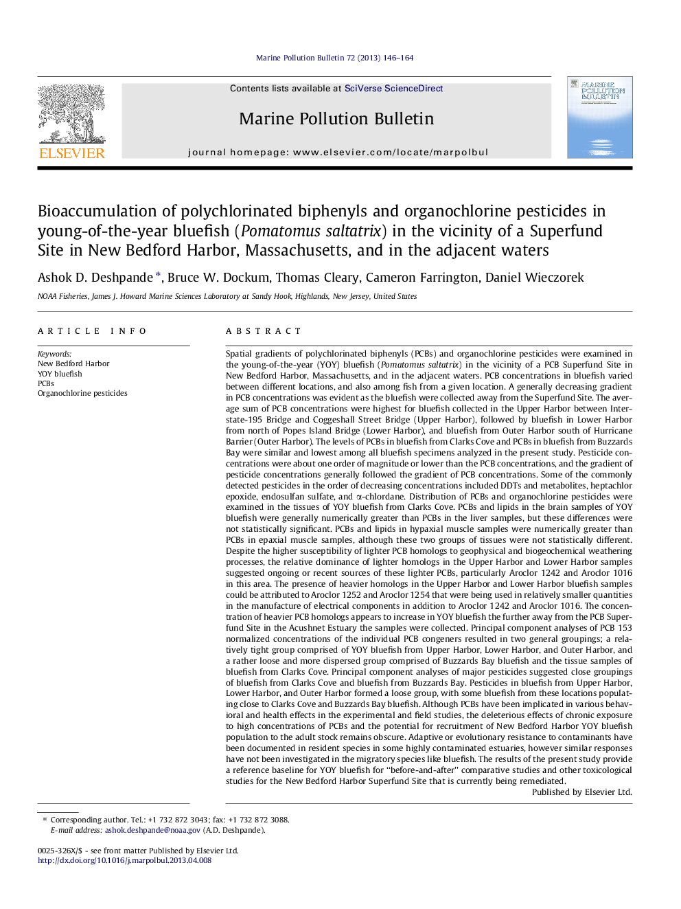 Bioaccumulation of polychlorinated biphenyls and organochlorine pesticides in young-of-the-year bluefish (Pomatomus saltatrix) in the vicinity of a Superfund Site in New Bedford Harbor, Massachusetts, and in the adjacent waters